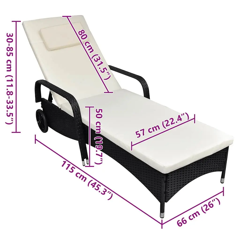Sun Lounger Outdoor Garden Recliner with Cushion Wheels Adjustable Backrest