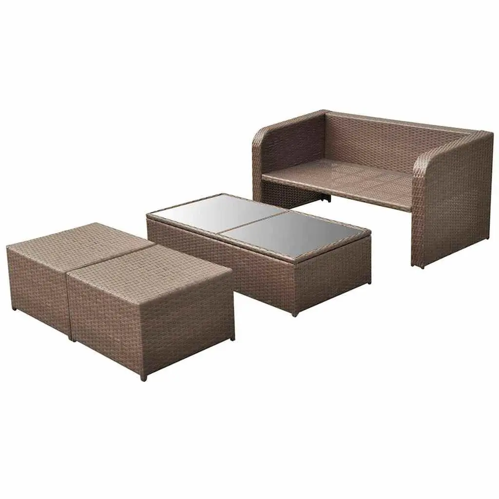 4 Piece Garden Lounge Set Poly Rattan Sofa Coffee Table Stools Brown