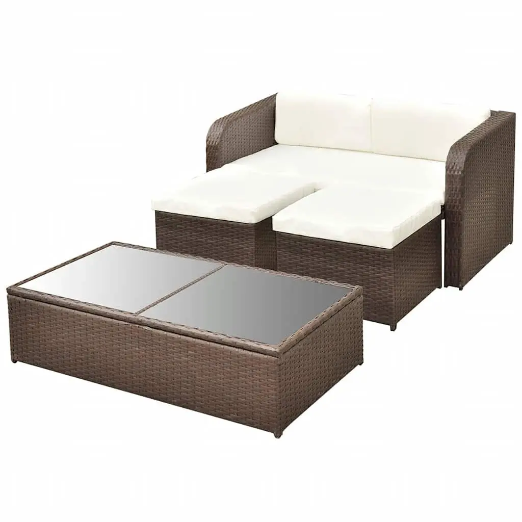 4 Piece Garden Lounge Set Poly Rattan Sofa Coffee Table Stools Brown