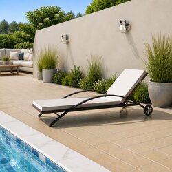 Rattan Sun Lounger with Cushion and Wheels for Outdoors
