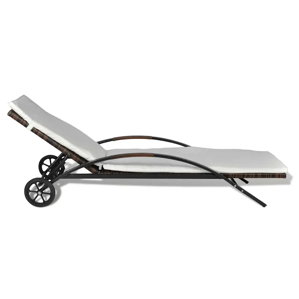 Rattan Sun Lounger with Cushion and Wheels for Outdoors