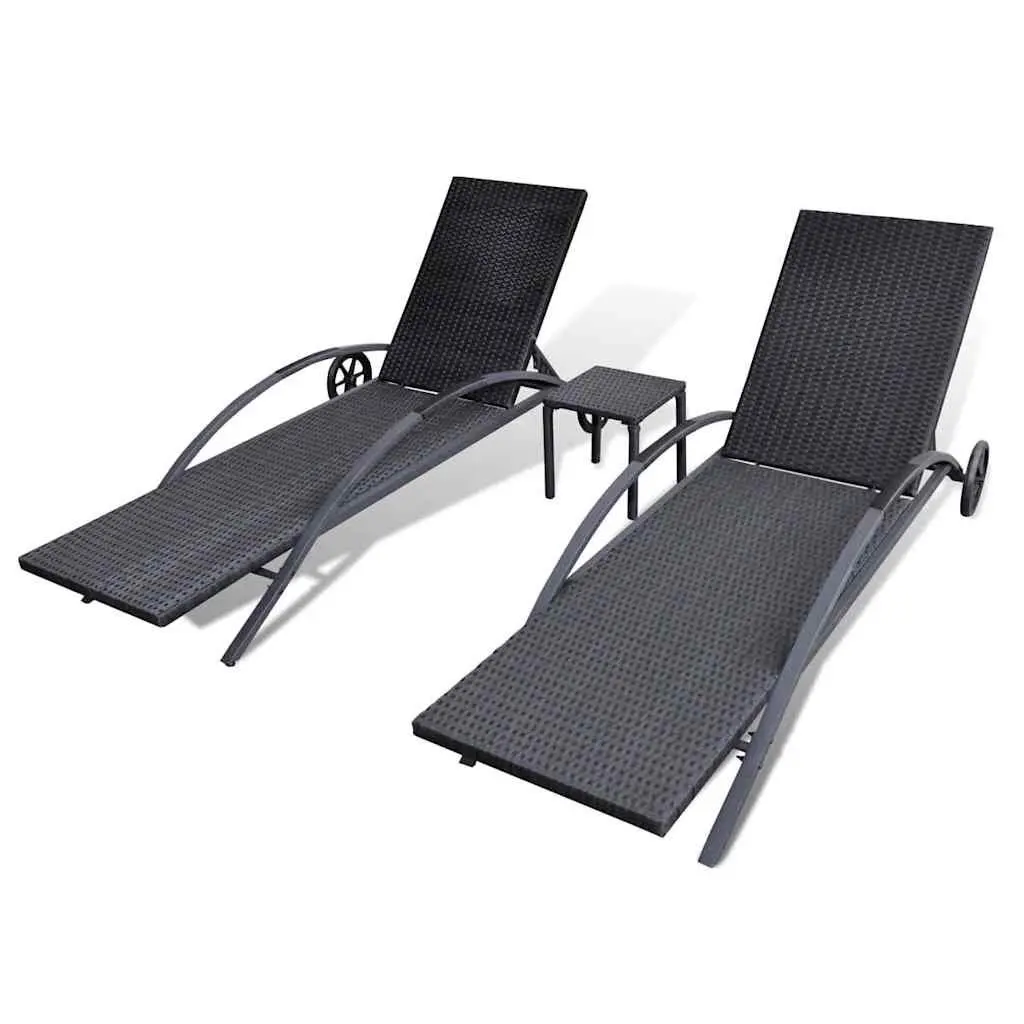 Black Poly Rattan Sun Lounger Set with Table