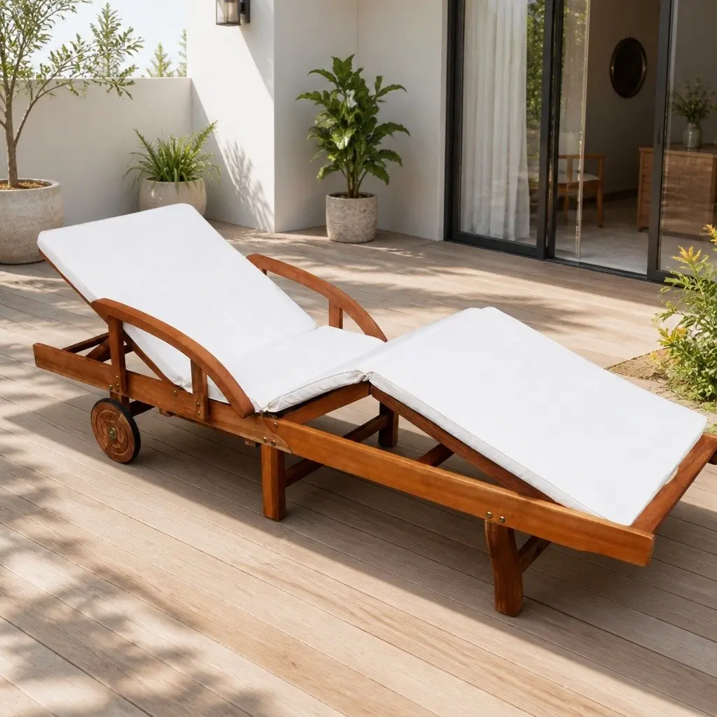 Sun Lounger Solid Acacia Wood Adjustable Backrest Brown Outdoor Garden Daybed with Cushions