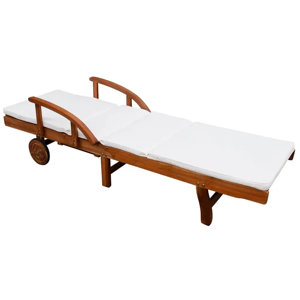 Sun Lounger Solid Acacia Wood Adjustable Backrest Brown Outdoor Garden Daybed with Cushions