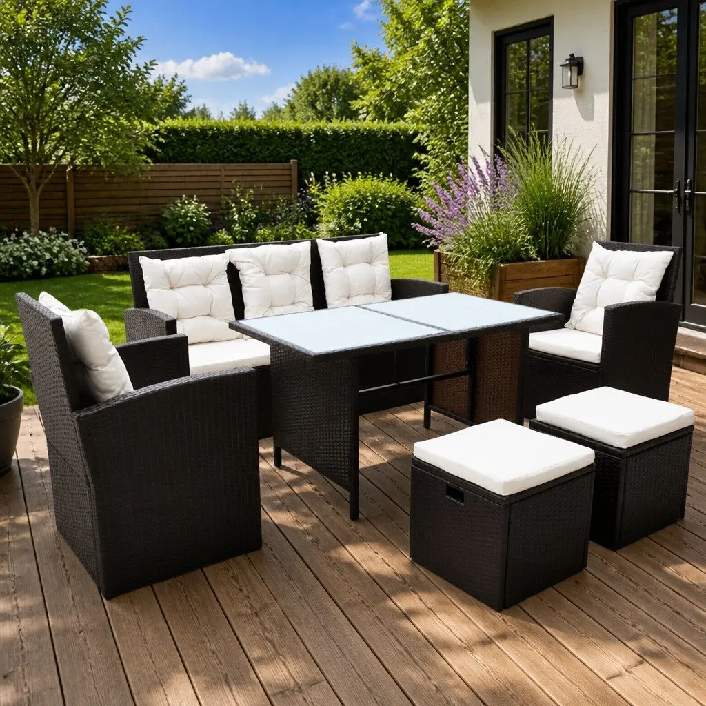 Outdoor Dining Set Rattan 6 Piece Brown with Cushions