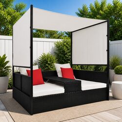Black Outdoor Rattan Lounger with Adjustable Canopy 190x130cm