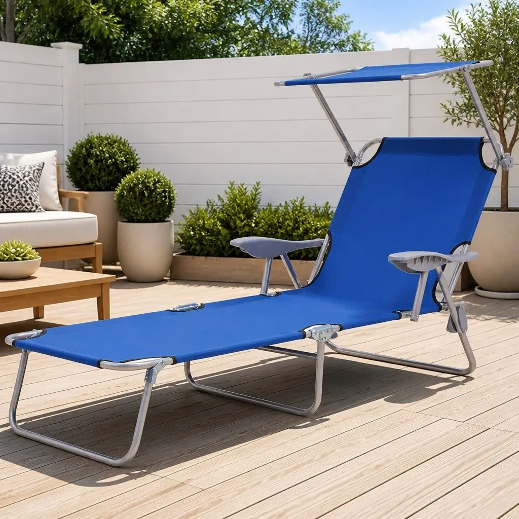 Blue Foldable Sun Lounger with Adjustable Canopy