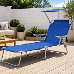 Blue Foldable Sun Lounger with Adjustable Canopy