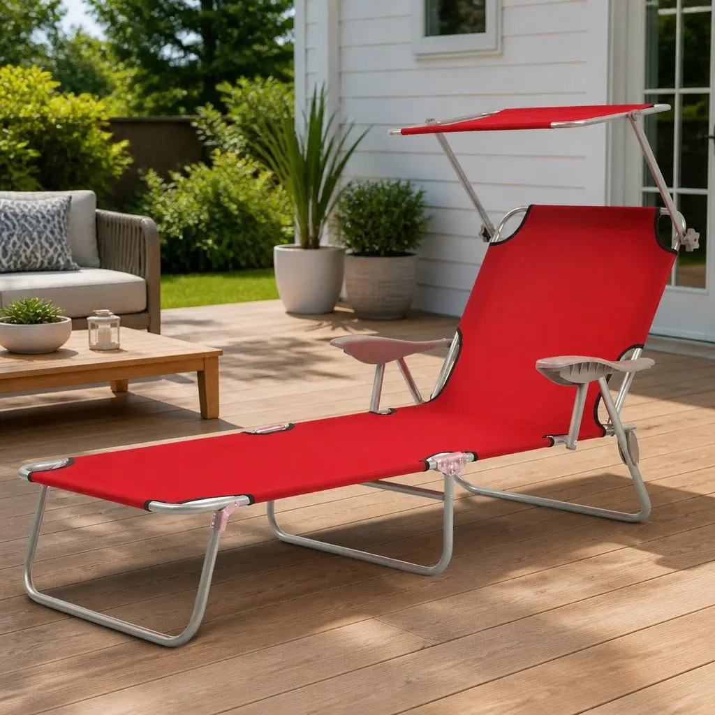 Red Sun Lounger with Adjustable Canopy