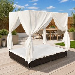 Outdoor Lounge Bed for 2 People Poly Rattan Brown with Curtains Daybed