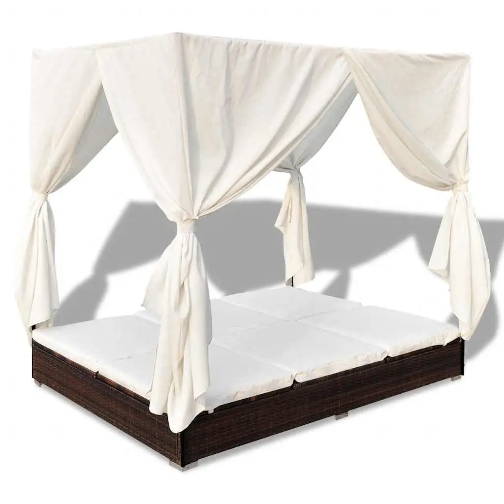 Outdoor Lounge Bed PE Rattan Brown with Curtains for 2 People