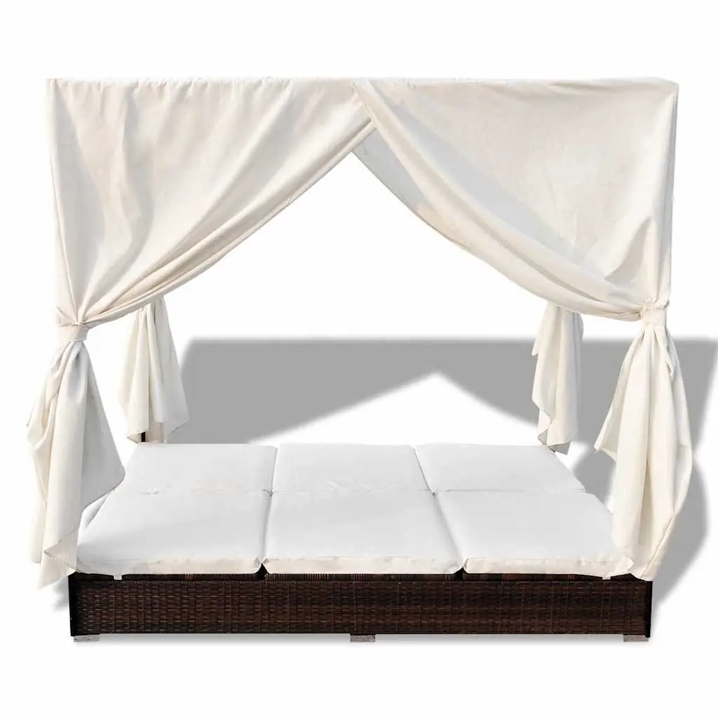 Outdoor Lounge Bed PE Rattan Brown with Curtains for 2 People