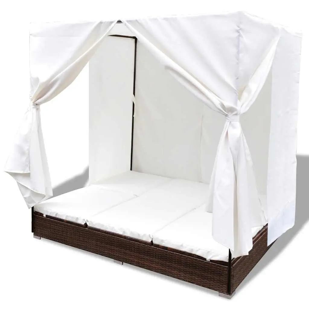 Outdoor Lounge Bed PE Rattan Brown with Curtains for 2 People