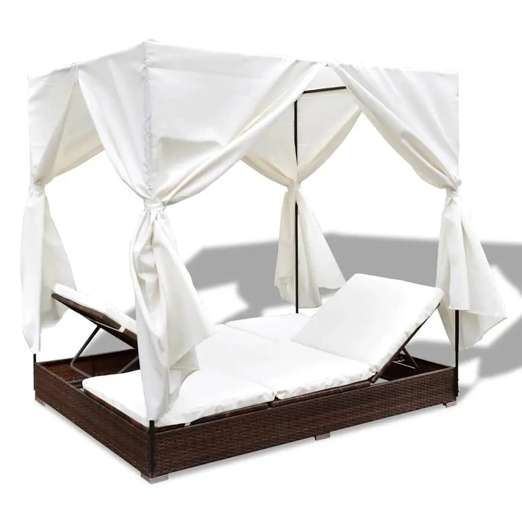 Outdoor Lounge Bed PE Rattan Brown with Curtains for 2 People