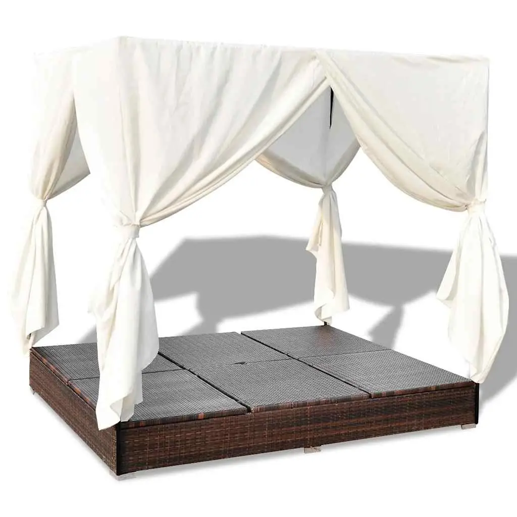 Outdoor Lounge Bed PE Rattan Brown with Curtains for 2 People
