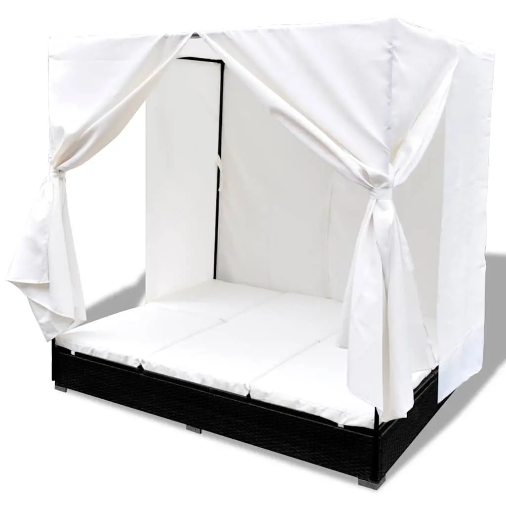 Outdoor Lounge Bed PE Rattan Black Adjustable Daybed with Curtains