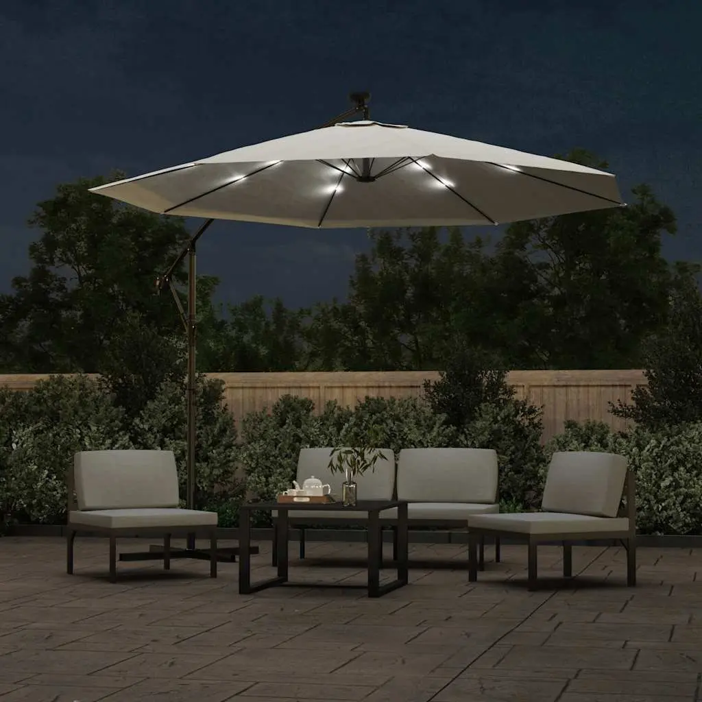 Hanging Garden Parasol Polyester 300cm Beige Solar Powered LED Lighting