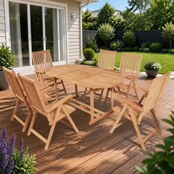 Teak Wood 7-Piece Outdoor Dining Set with Reclining Chairs
