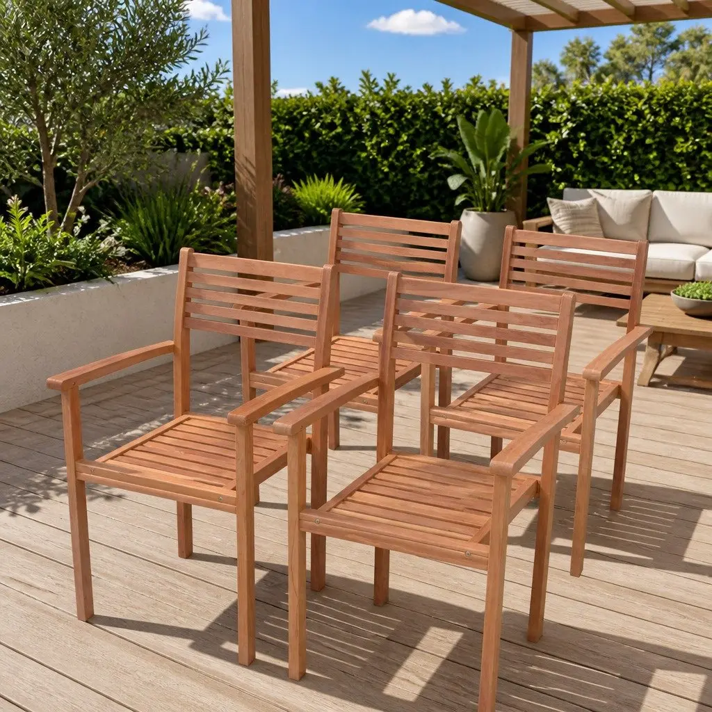 Stackable Outdoor Chairs Teak Wood Brown 4 Piece