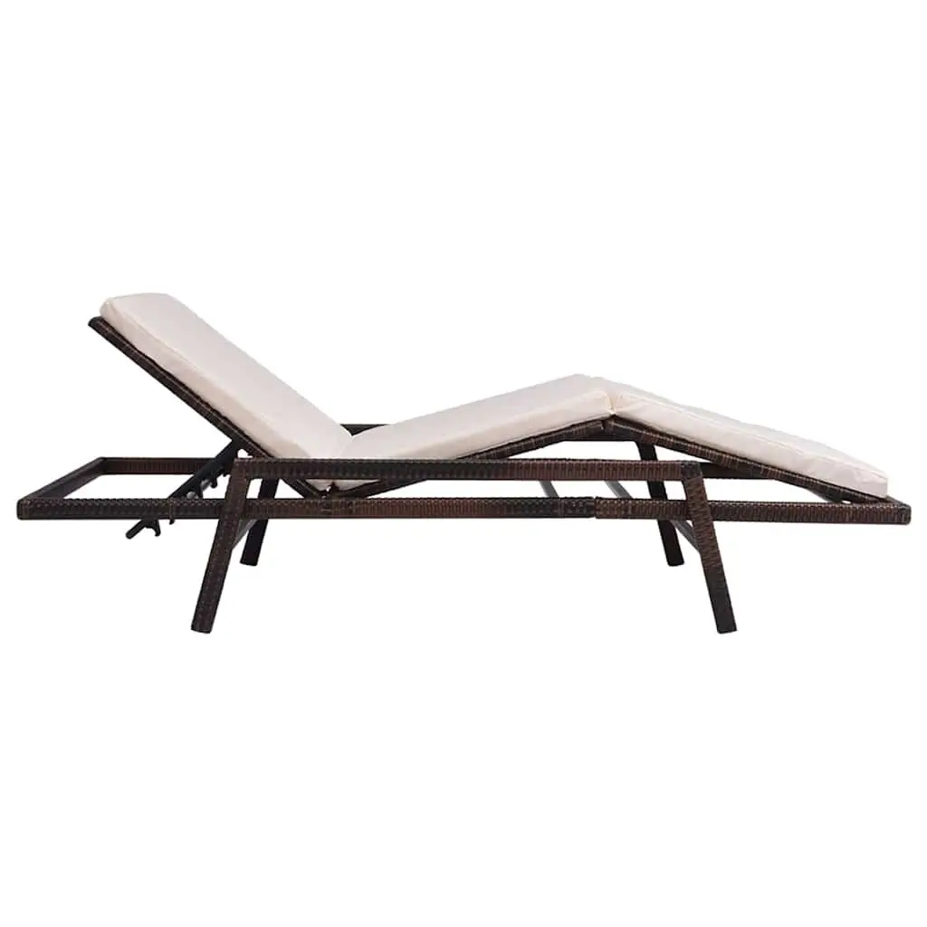 Sun Lounger PE Rattan Adjustable Reclining Chair Garden Lounge Bed with Cushion Brown