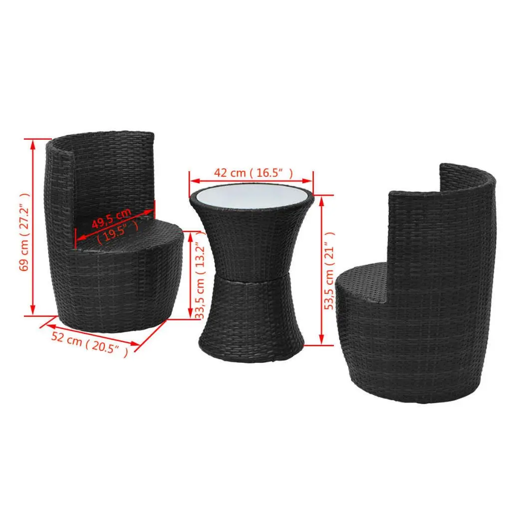 3 Piece Rattan Patio Furniture Set Black Steel Frame Cushions