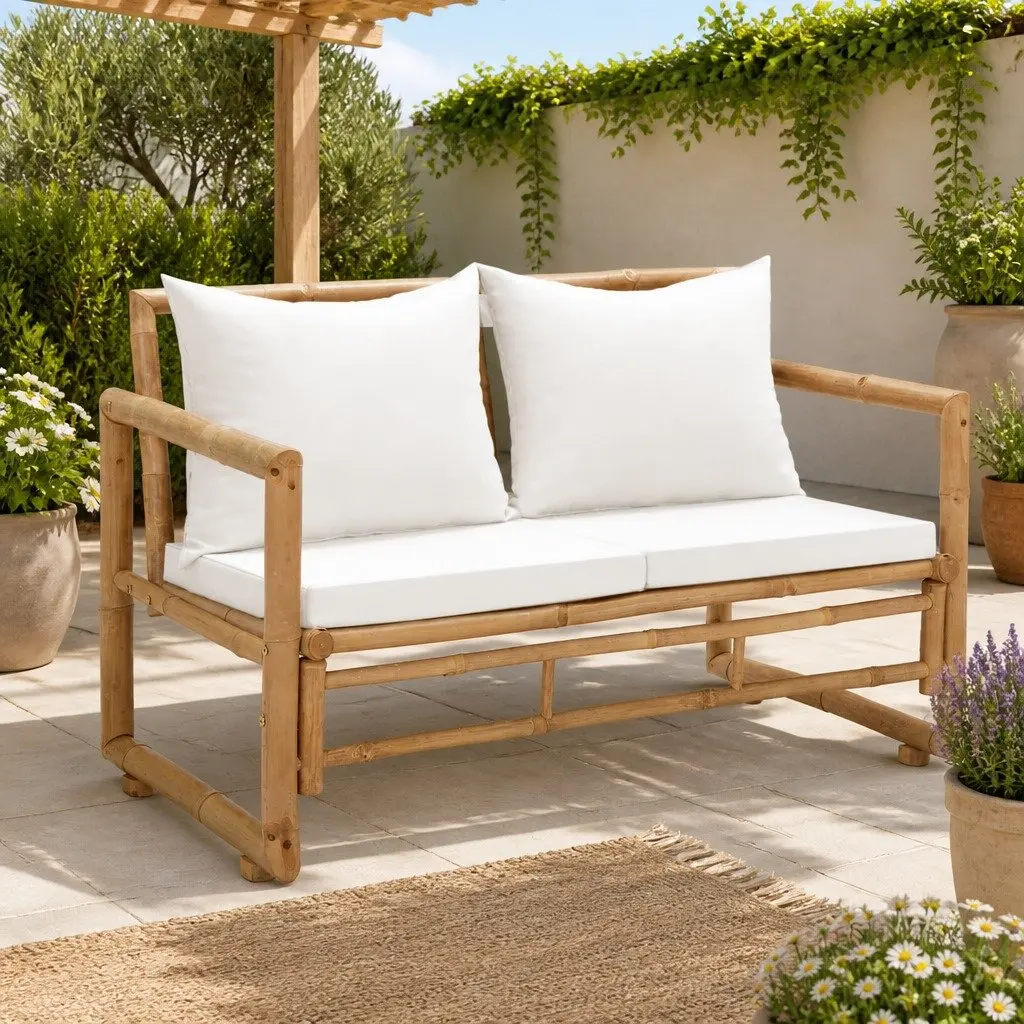 Brown Bamboo Outdoor Garden Bench with Cushions
