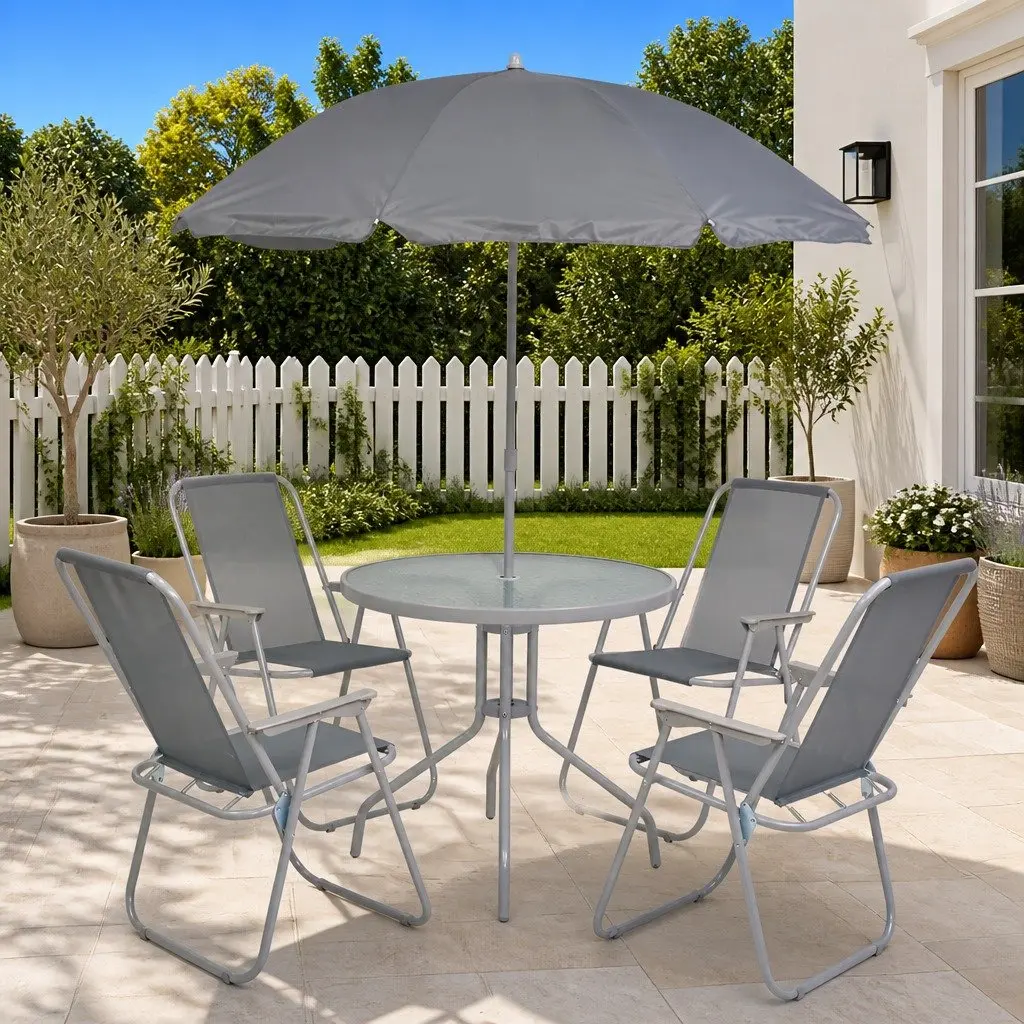 6 Piece Outdoor Dining Set Powder-coated Steel Textilene Tempered Glass Grey