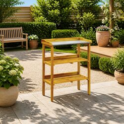 Potting Bench with 2 Shelves Solid Acacia Wood Zinc Tabletop Rustic Garden Work