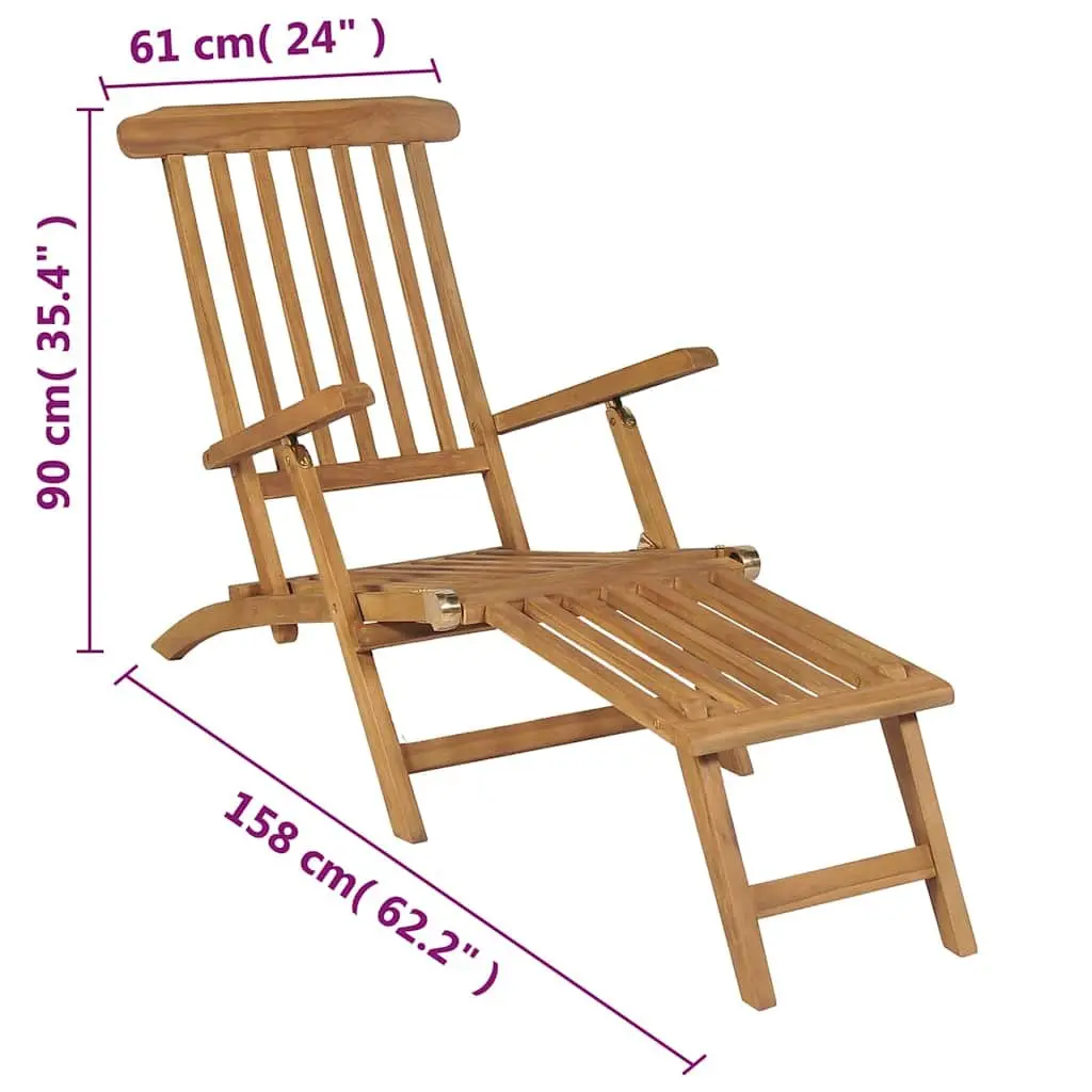 Wooden Deck Chair Teak Hardwood Brown with Detachable Footrest Reclining Backrest