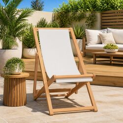 Cream Adjustable Backrest Folding Teak Deck Chair