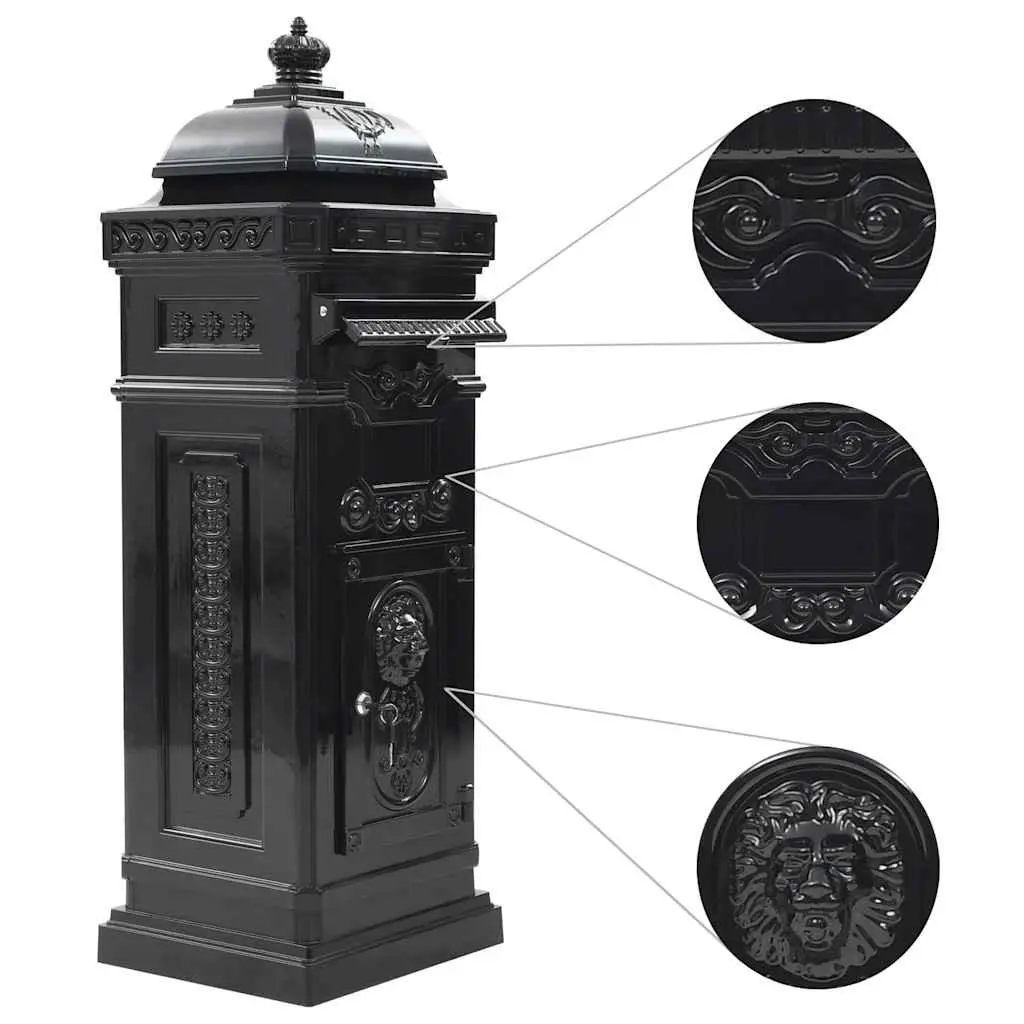 Pillar Letterbox Cast Aluminium Vintage Style Black Outdoor Decor