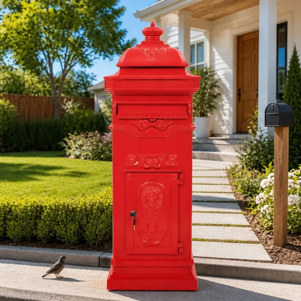 Red Vintage Style Pillar Letterbox for Outdoor Use