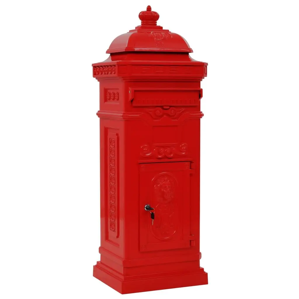 Red Vintage Style Pillar Letterbox for Outdoor Use