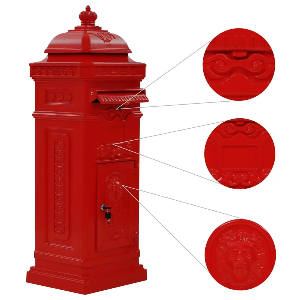 Red Vintage Style Pillar Letterbox for Outdoor Use