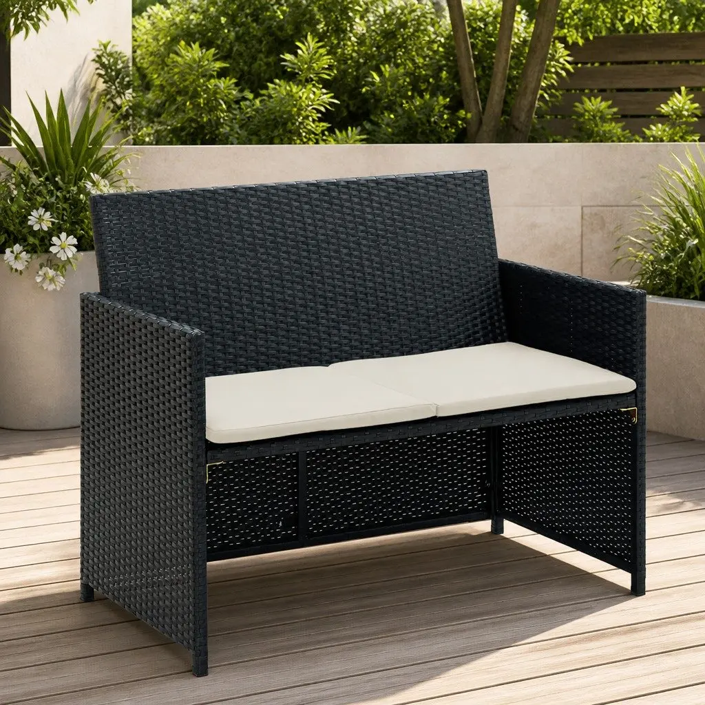 2-Seater Outdoor Sofa with Cushions in Black Rattan