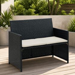 Durable 2-Seater Outdoor Sofa with Cushions in Black Rattan