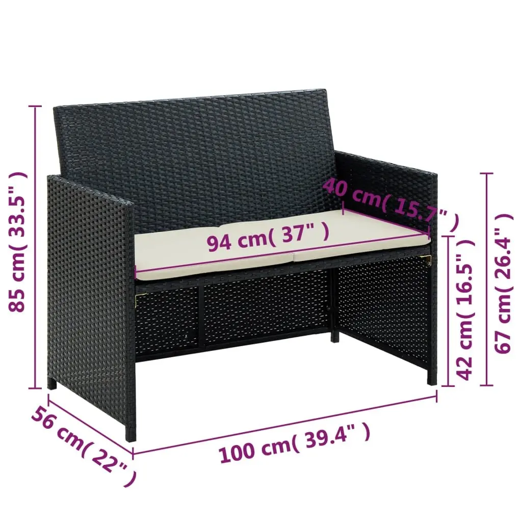 2-Seater Outdoor Sofa with Cushions in Black Rattan