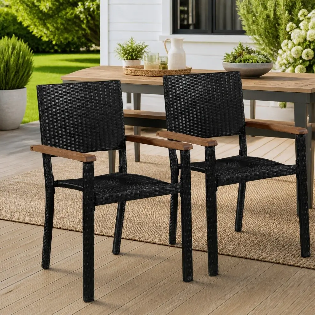 Black Poly Rattan Outdoor Chairs with Acacia Wood Armrests