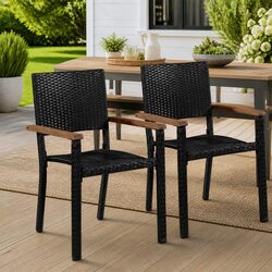 Black Poly Rattan Outdoor Chairs with Acacia Wood Armrests
