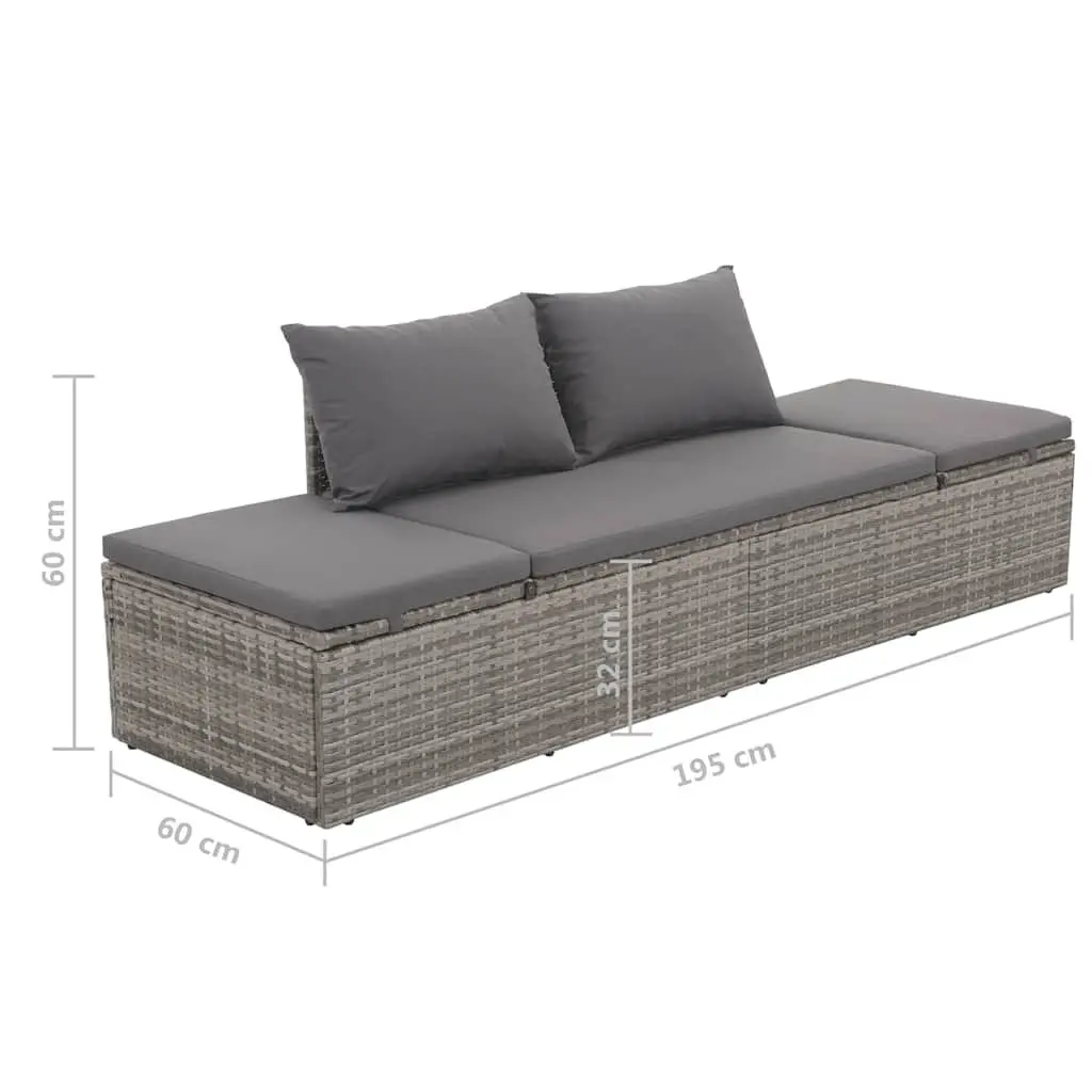 Outdoor Lounge Bed PE Rattan Grey Adjustable Sun Bed with Cushions