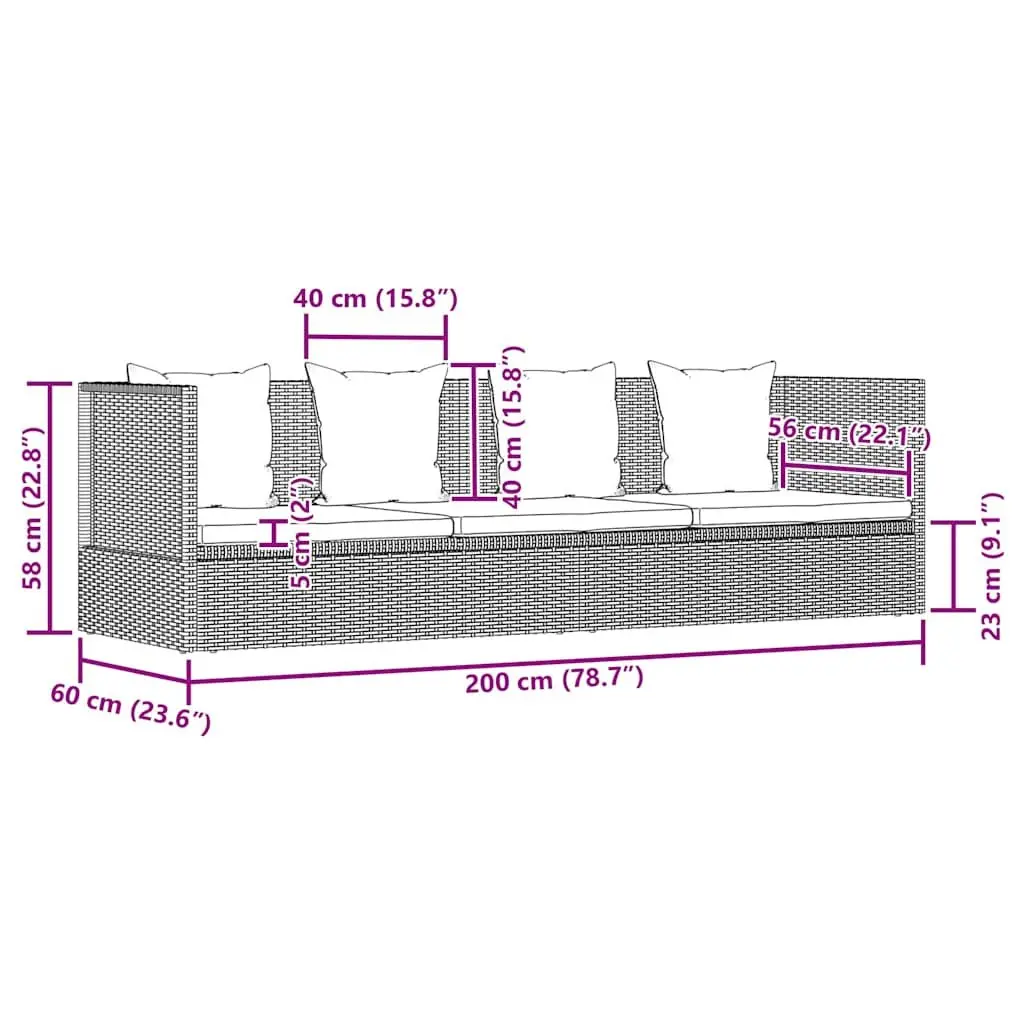 Garden Lounger Bed Poly Rattan 200x60cm Grey Outdoor Patio Sunbed Adjustable