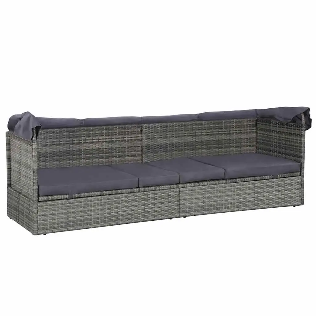 Sun Lounger PE Rattan 205 x 62 cm Grey with Canopy Outdoor Garden Reclining Bed
