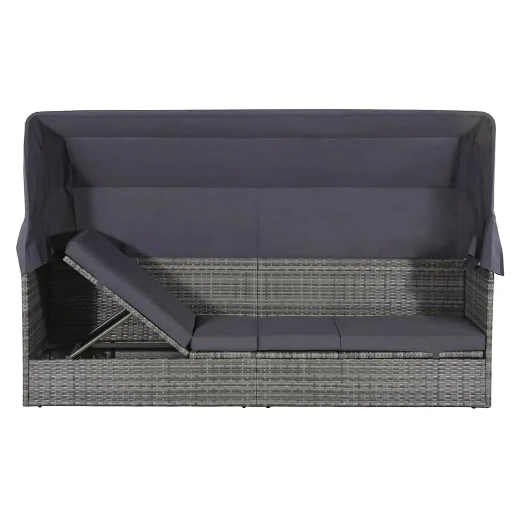 Sun Lounger PE Rattan 205 x 62 cm Grey with Canopy Outdoor Garden Reclining Bed