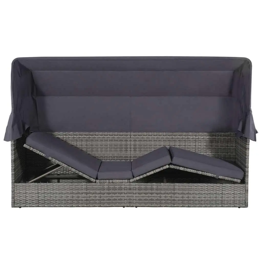 Sun Lounger PE Rattan 205 x 62 cm Grey with Canopy Outdoor Garden Reclining Bed