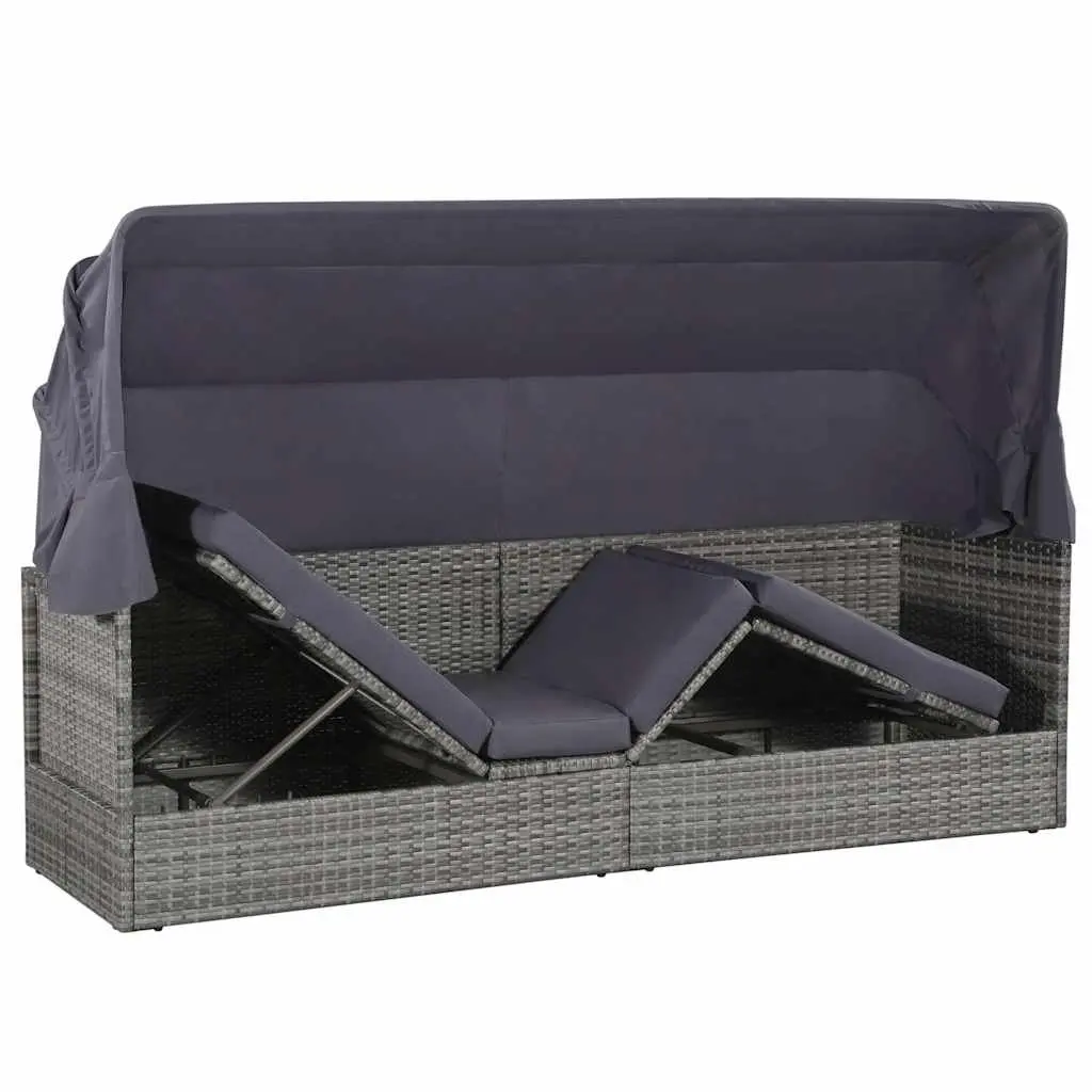 Sun Lounger PE Rattan 205 x 62 cm Grey with Canopy Outdoor Garden Reclining Bed
