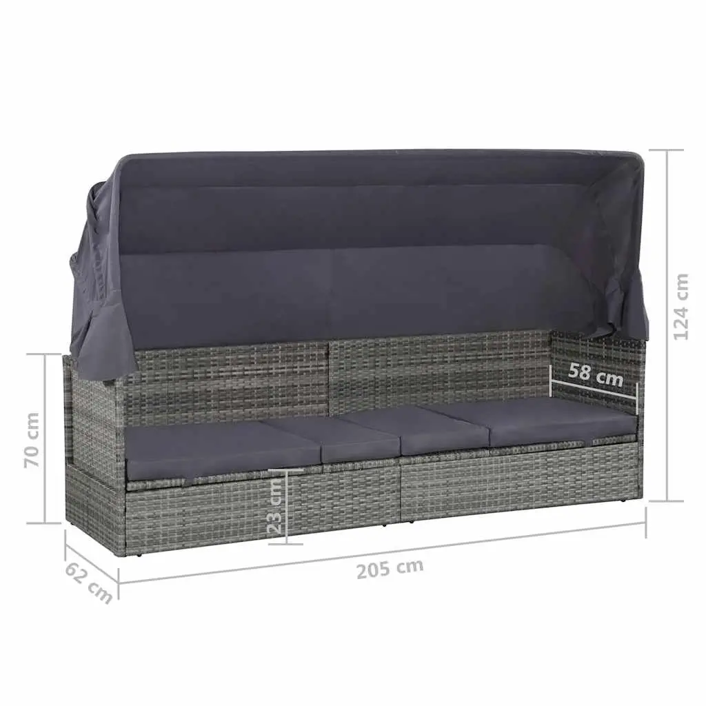 Sun Lounger PE Rattan 205 x 62 cm Grey with Canopy Outdoor Garden Reclining Bed