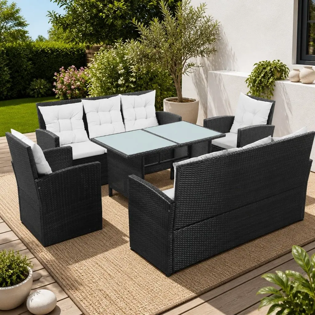 5 Piece Garden Lounge Set Poly Rattan Sofa Armchairs Table Black