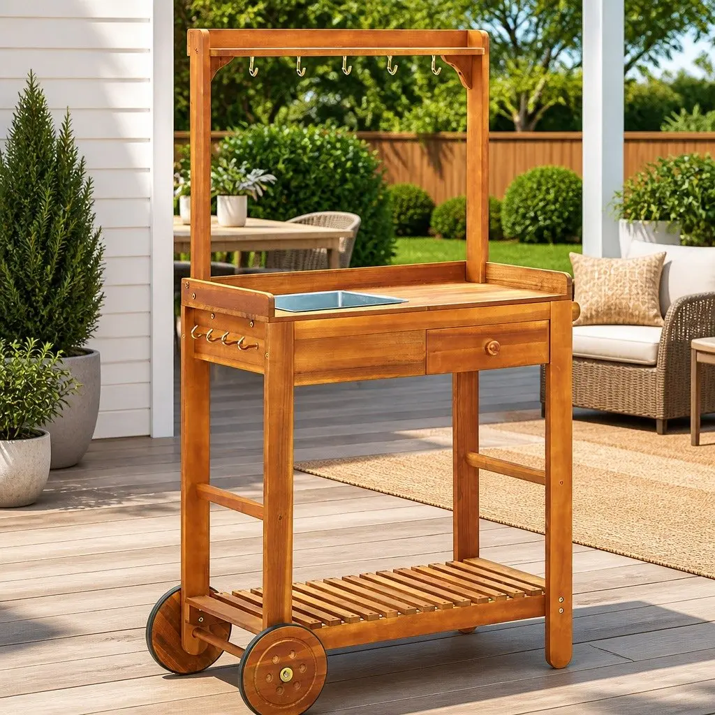 Solid Acacia Wood Garden Kitchen Trolley with Hooks