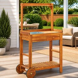 Solid Acacia Wood Garden Kitchen Trolley with Hooks
