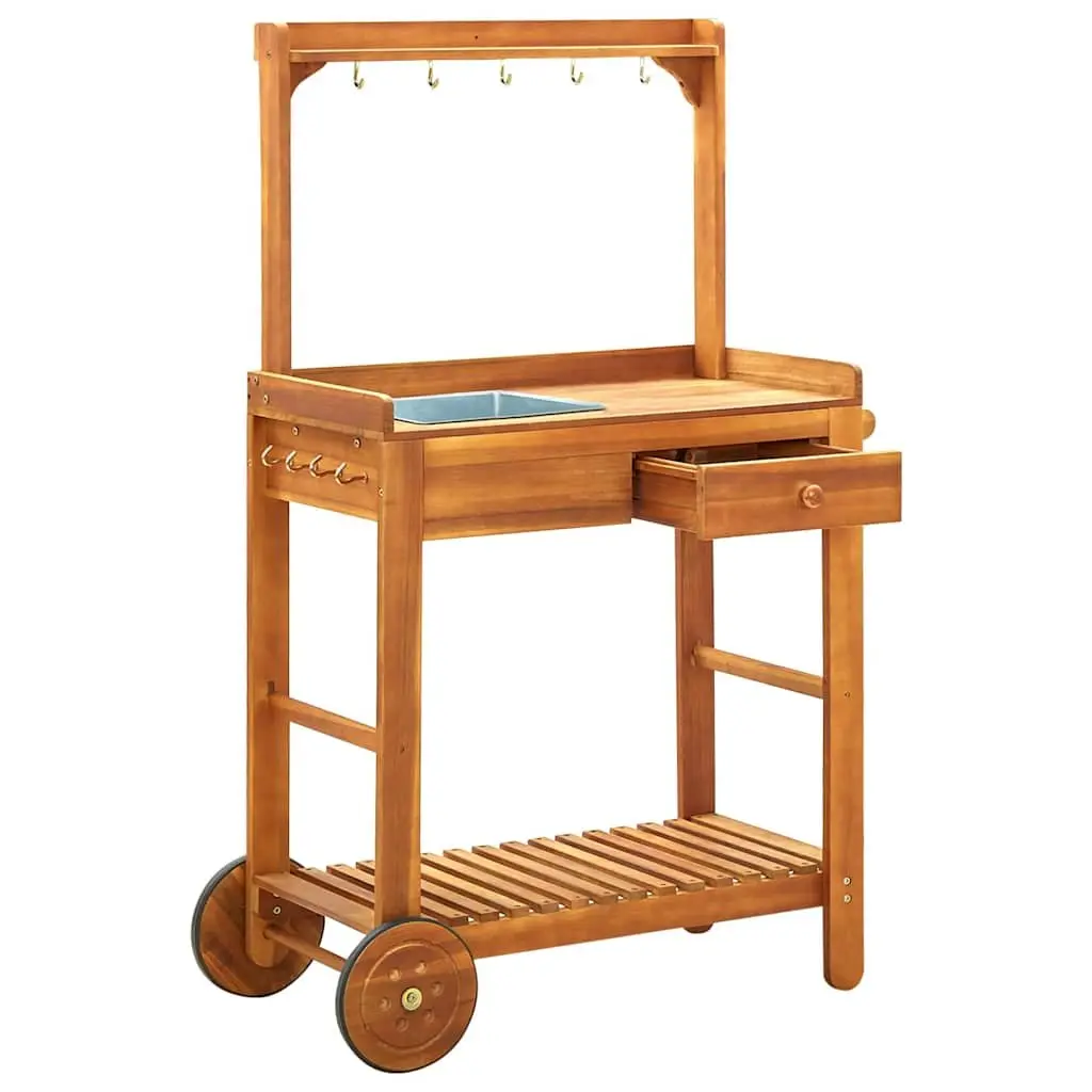 Solid Acacia Wood Garden Kitchen Trolley with Hooks